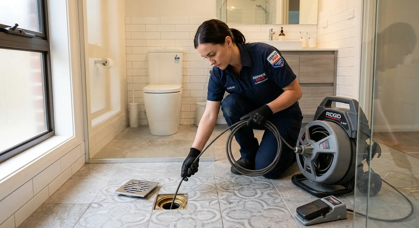 Technician clearing a bathroom floor drain for Sewer Line Replacement in Canton